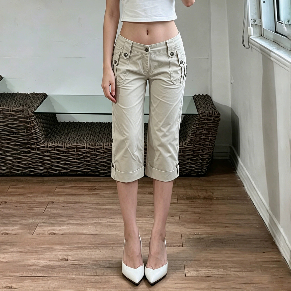 Zara Khaki Vintage Cargo Workwear Bermuda Shorts Straight Leg Rolled Hem Casual